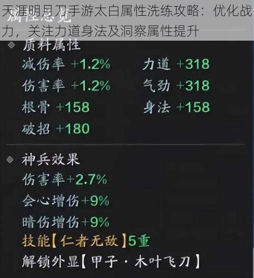 天涯明月刀手游太白属性洗练攻略:优化战力,关注力道身法及洞察属性提升